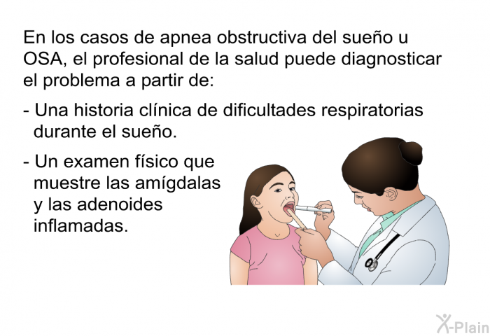 En los casos de apnea obstructiva del sueo u OSA, el profesional de la salud puede diagnosticar el problema a partir de:  Una historia clnica de dificultades respiratorias durante el sueo. Un examen fsico que muestre las amgdalas y las adenoides inflamadas.