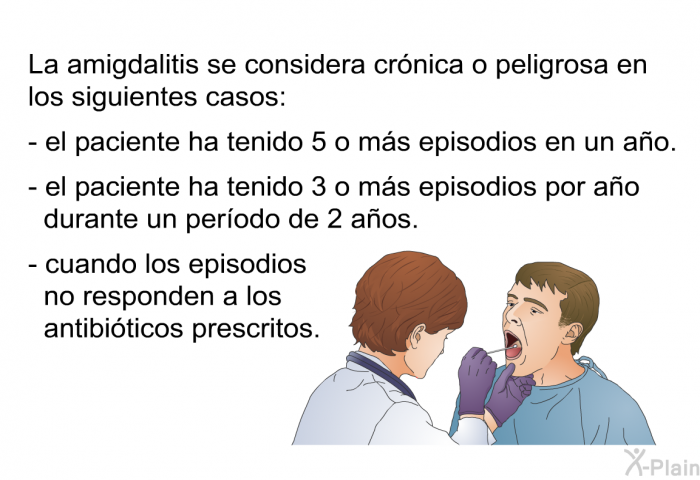 La amigdalitis se considera crnica o peligrosa en los siguientes casos:  el paciente ha tenido 5 o ms episodios en un ao. el paciente ha tenido 3 o ms episodios por ao durante un perodo de 2 aos. cuando los episodios no responden a los antibiticos prescritos.