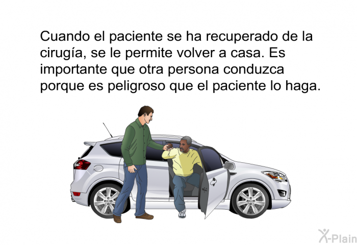Cuando el paciente se ha recuperado de la ciruga, se le permite volver a casa. Es importante que otra persona conduzca porque es peligroso que el paciente lo haga.