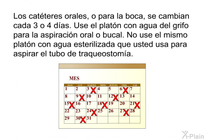 Los cat�teres orales, o para la boca, se cambian cada 3 o 4 d��as. Use el plat�n con agua del grifo para la aspiraci�n oral o bucal. No use el mismo plat�n con agua esterilizada que usted usa para aspirar el tubo de traqueostom��a.