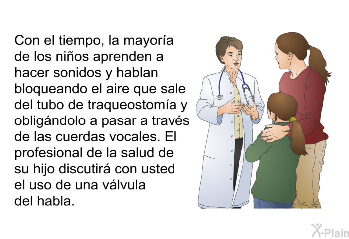 Con el tiempo, la mayora de los nios aprenden a hacer sonidos y hablan bloqueando el aire que sale del tubo de traqueostoma y obligndolo a pasar a travs de las cuerdas vocales. El profesional de la salud de su hijo discutir con usted el uso de una vlvula del habla.