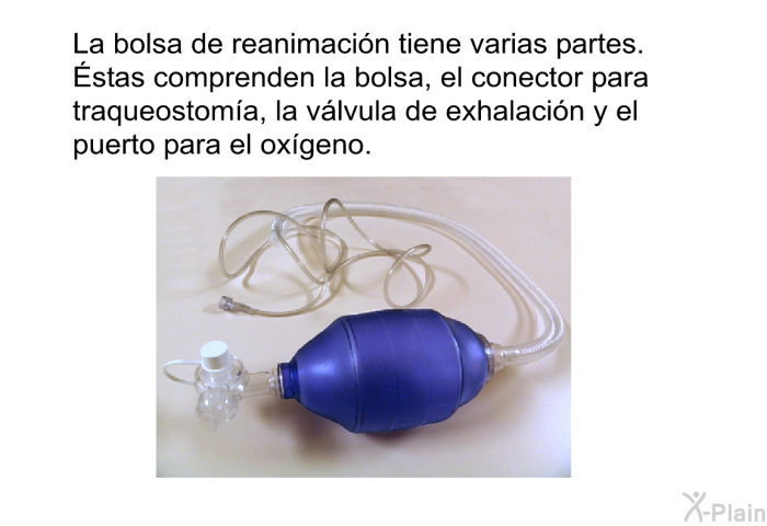La bolsa de reanimaci�n tiene varias partes. &Eacute;stas comprenden la bolsa, el conector para traqueostom�a, la v�lvula de exhalaci�n y el puerto para el ox�geno.