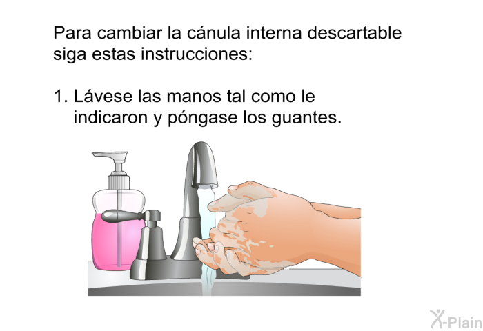 Para cambiar la c�nula interna descartable siga estas instrucciones:  L�vese las manos tal como le indicaron y p�ngase los guantes.
