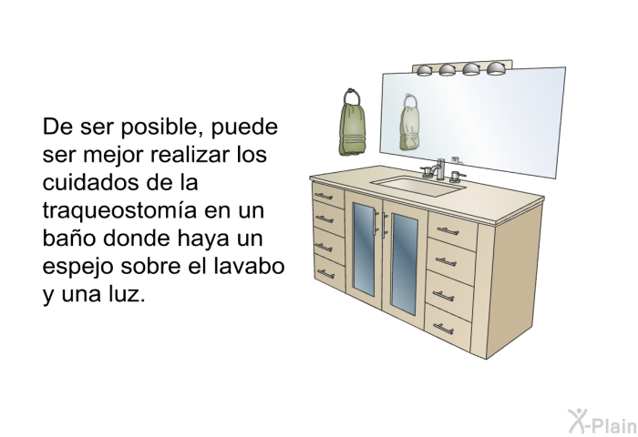 De ser posible, puede ser mejor realizar los cuidados de la traqueostom�a en un ba�o donde haya un espejo sobre el lavabo y una luz.