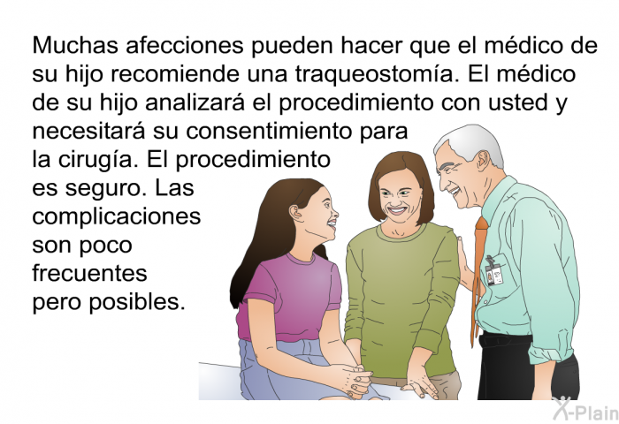 Muchas afecciones pueden hacer que el mdico de su hijo recomiende una traqueostoma. El mdico de su hijo analizar el procedimiento con usted y necesitar su consentimiento para la ciruga. El procedimiento es seguro. Las complicaciones son poco frecuentes pero posibles.