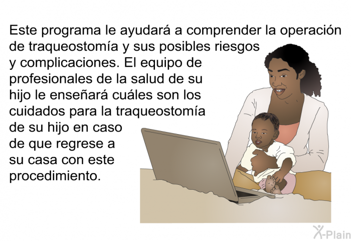 Esta informacin acerca de la salud le ayudar a comprender la operacin de traqueostoma y sus posibles riesgos y complicaciones. El equipo de profesionales de la salud de su hijo le ensear cules son los cuidados para la traqueostoma de su hijo en caso de que regrese a su casa con este procedimiento.