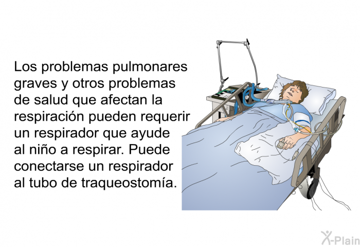 Los problemas pulmonares graves y otros problemas de salud que afectan la respiracin pueden requerir un respirador que ayude al nio a respirar. Puede conectarse un respirador al tubo de traqueostoma.