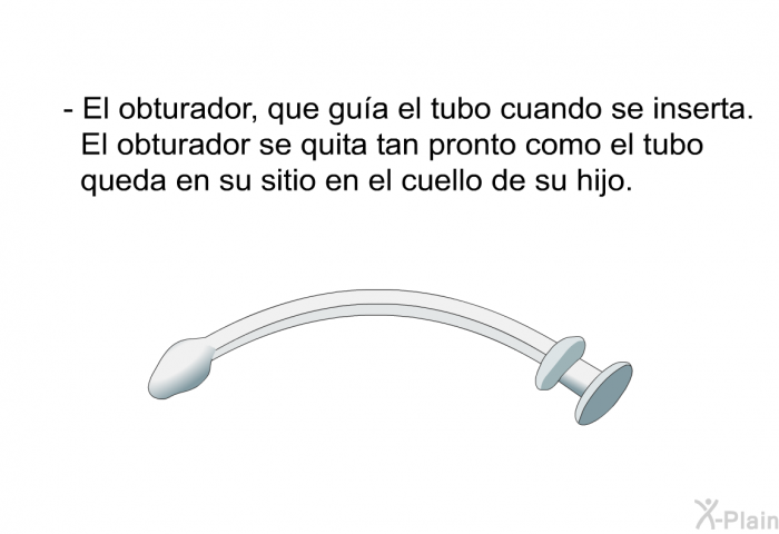El obturador, que gua el tubo cuando se inserta. El obturador se quita tan pronto como el tubo queda en su sitio en el cuello de su hijo.