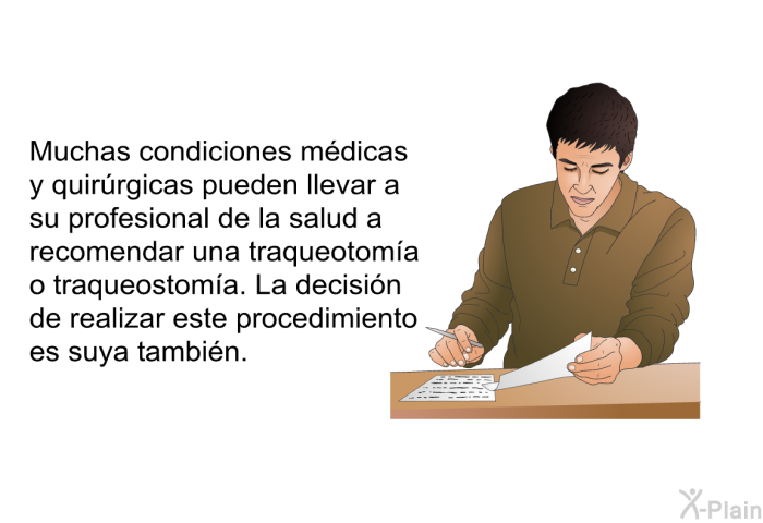 Muchas condiciones mdicas y quirrgicas pueden llevar a su profesional de la salud a recomendar una traqueotoma o traqueostoma. La decisin de realizar este procedimiento es suya tambin.