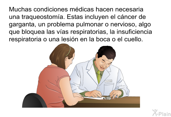 Muchas condiciones mdicas hacen necesaria una traqueostoma. Estas incluyen el cncer de garganta, un problema pulmonar o nervioso, algo que bloquea las vas respiratorias, la insuficiencia respiratoria o una lesin en la boca o el cuello.