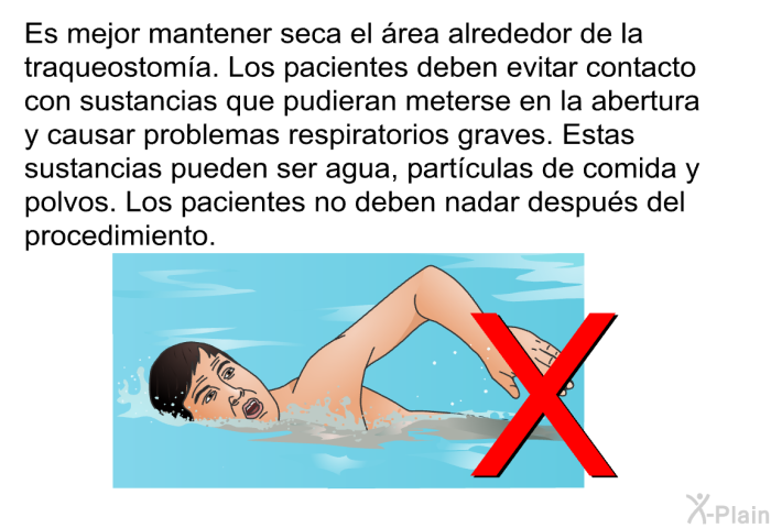 Es mejor mantener seca el �rea alrededor de la traqueostom�a. Los pacientes deben evitar contacto con sustancias que pudieran meterse en la abertura y causar problemas respiratorios graves. Estas sustancias pueden ser agua, part�culas de comida y polvos. Los pacientes no deben nadar despu�s del procedimiento.