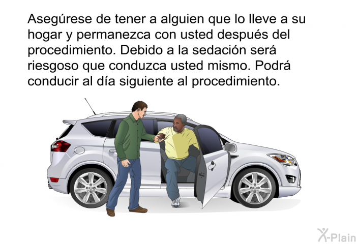 Aseg�rese de tener a alguien que lo lleve a su hogar y permanezca con usted despu�s del procedimiento.&nbsp;Debido a la sedaci�n ser� riesgoso que conduzca usted mismo.&nbsp;Podr� conducir al d�a siguiente al procedimiento.