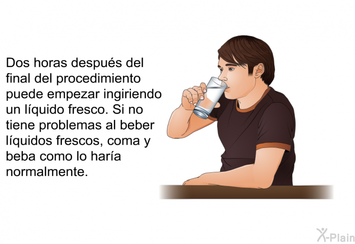 Dos horas despus del final del procedimiento puede empezar ingiriendo un lquido fresco. Si no tiene problemas al beber lquidos frescos, coma y beba como lo hara normalmente.