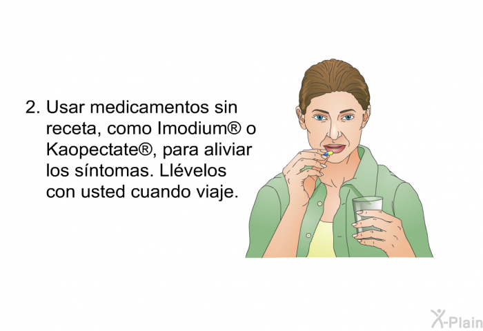 Usar medicamentos sin receta, como Imodium  o Kaopectate , para aliviar los sntomas. Llvelos con usted cuando viaje.