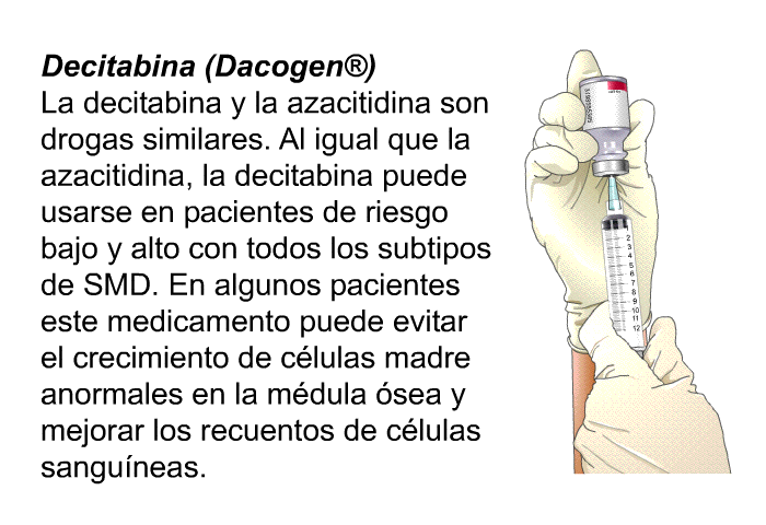 Decitabina (Dacogen ) La decitabina y la azacitidina son drogas similares. Al igual que la azacitidina, la decitabina puede usarse en pacientes de riesgo bajo y alto con todos los subtipos de SMD. En algunos pacientes este medicamento puede evitar el crecimiento de c�lulas madre anormales en la m�dula �sea y mejorar los recuentos de c�lulas sangu�neas.