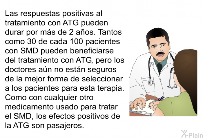 Las respuestas positivas al tratamiento con ATG pueden durar por ms de 2 aos. Tantos como 30 de cada 100 pacientes con SMD pueden beneficiarse del tratamiento con ATG, pero los doctores an no estn seguros de la mejor forma de seleccionar a los pacientes para esta terapia. Como con cualquier otro medicamento usado para tratar el SMD, los efectos positivos de la ATG son pasajeros.