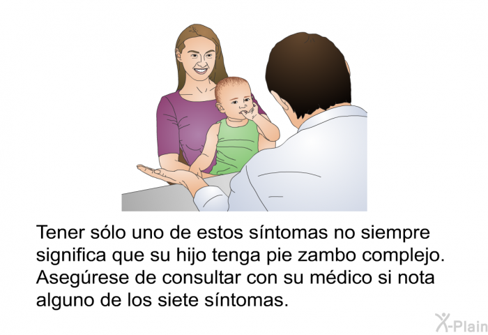 Tener slo uno de estos sntomas no siempre significa que su hijo tenga pie zambo complejo. Asegrese de consultar con su mdico si nota alguno de los siete sntomas.