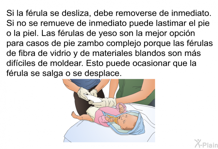 Si la frula se desliza, debe removerse de inmediato. Si no se remueve de inmediato puede lastimar el pie o la piel. Las frulas de yeso son la mejor opcin para casos de pie zambo complejo porque las frulas de fibra de vidrio y de materiales blandos son ms difciles de moldear. Esto puede ocasionar que la frula se salga o se desplace.