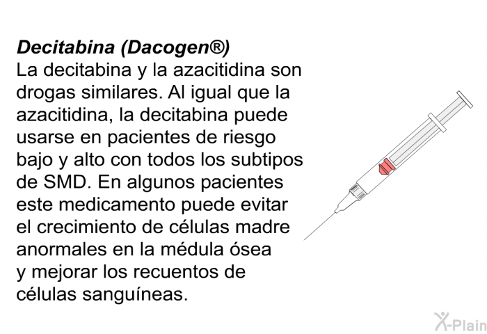 <B>Decitabina (Dacogen)</B>
 La decitabina y la azacitidina son drogas similares. Al igual que la azacitidina, la decitabina puede usarse en pacientes de riesgo bajo y alto con todos los subtipos de SMD. En algunos pacientes este medicamento puede evitar el crecimiento de clulas madre anormales en la mdula sea y mejorar los recuentos de clulas sanguneas.