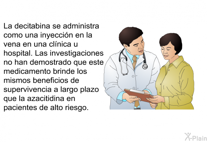 La decitabina se administra como una inyeccin en la vena en una clnica u hospital. Las investigaciones no han demostrado que este medicamento brinde los mismos beneficios de supervivencia a largo plazo que la azacitidina en pacientes de alto riesgo.