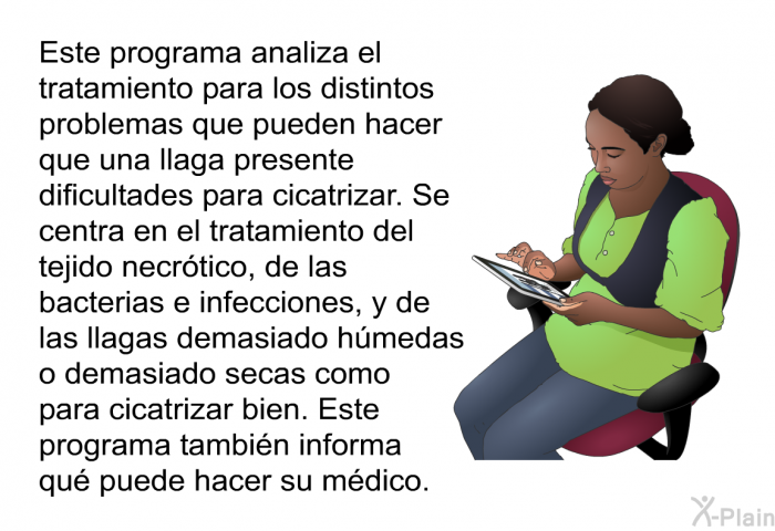 Esta informacin acerca de su salud analiza el tratamiento para los distintos problemas que pueden hacer que una llaga presente dificultades para cicatrizar. Se centra en el tratamiento del tejido necrtico, de las bacterias e infecciones, y de las llagas demasiado hmedas o demasiado secas como para cicatrizar bien. Esta informacin acerca de su salud tambin informa qu puede hacer su mdico.