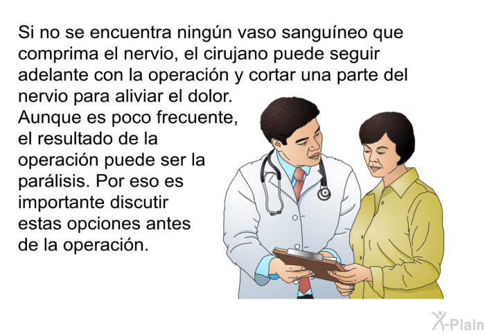 Si no se encuentra ningn vaso sanguneo que comprima el nervio, el cirujano puede seguir adelante con la operacin y cortar una parte del nervio para aliviar el dolor. Aunque es poco frecuente, el resultado de la operacin puede ser la parlisis. Por eso es importante discutir estas opciones antes de la operacin.