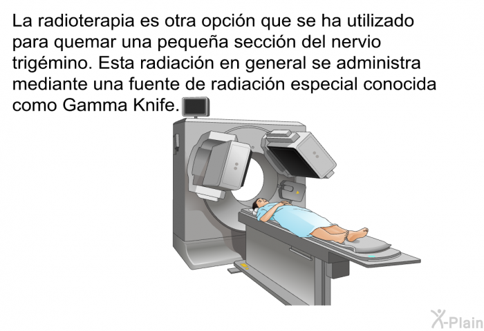 La radioterapia es otra opcin que se ha utilizado para quemar una pequea seccin del nervio trigmino. Esta radiacin en general se administra mediante una fuente de radiacin especial conocida como Gamma Knife.