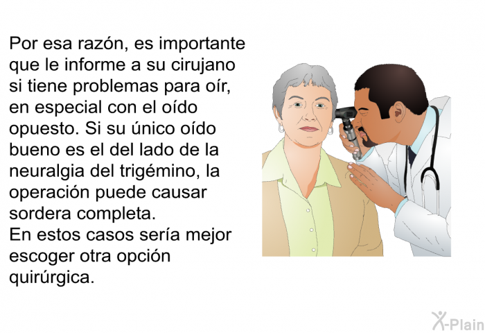 Por esa razn, es importante que le informe a su cirujano si tiene problemas para or, en especial con el odo opuesto. Si su nico odo bueno es el del lado de la neuralgia del trigmino, la operacin puede causar sordera completa. En estos casos sera mejor escoger otra opcin quirrgica.