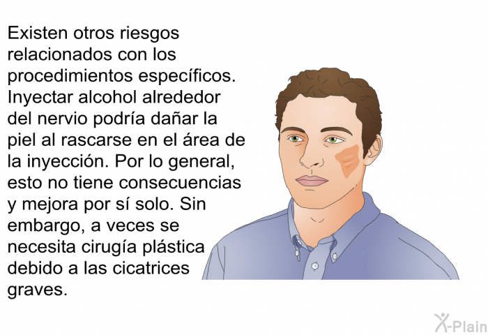Existen otros riesgos relacionados con los procedimientos especficos. Inyectar alcohol alrededor del nervio podra daar la piel al rascarse en el rea de la inyeccin. Por lo general, esto no tiene consecuencias y mejora por s solo. Sin embargo, a veces se necesita ciruga plstica debido a las cicatrices graves.