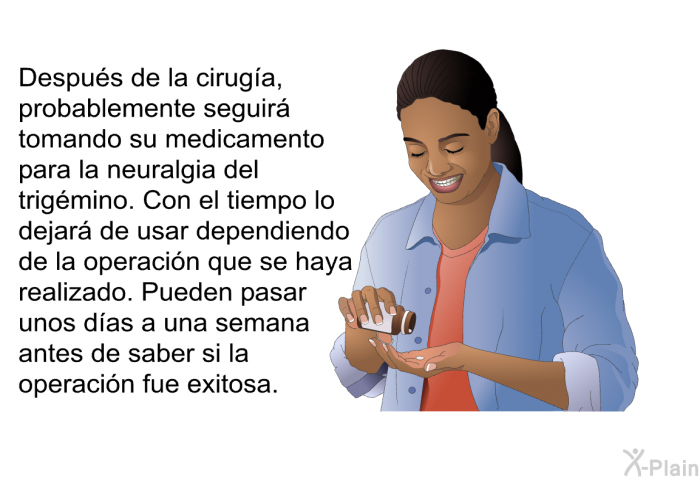 Despus de la ciruga, probablemente seguir tomando su medicamento para la neuralgia del trigmino. Con el tiempo lo dejar de usar dependiendo de la operacin que se haya realizado. Pueden pasar unos das a una semana antes de saber si la operacin fue exitosa.