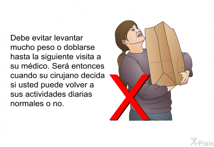 Debe evitar levantar mucho peso o doblarse hasta la siguiente visita a su mdico. Ser entonces cuando su cirujano decida si usted puede volver a sus actividades diarias normales o no.