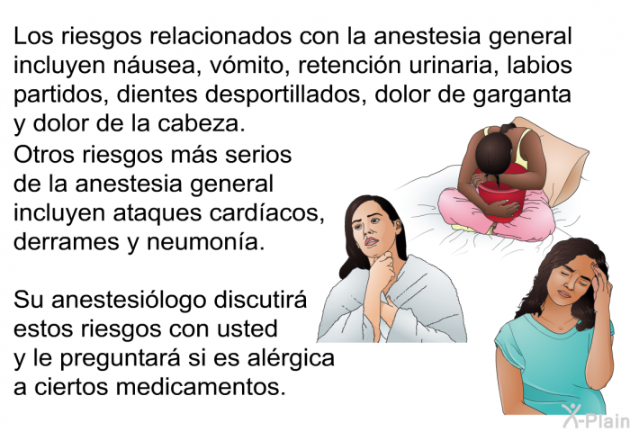Los riesgos relacionados con la anestesia general incluyen nusea, vmito, retencin urinaria, labios partidos, dientes desportillados, dolor de garganta y dolor de la cabeza. Otros riesgos ms serios de la anestesia general incluyen ataques cardacos, derrames y neumona. 
 Su anestesilogo discutir estos riesgos con usted y le preguntar si es alrgica a ciertos medicamentos.