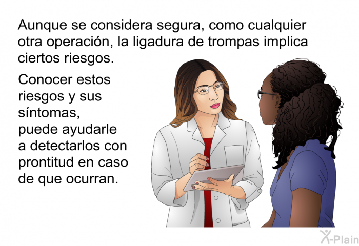 Aunque se considera segura, como cualquier otra operaci�n, la ligadura de trompas implica ciertos riesgos. Conocer estos riesgos y sus s�ntomas, puede ayudarle a detectarlos con prontitud en caso de que ocurran.