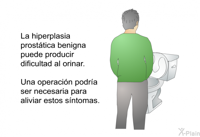 La hiperplasia prosttica benigna puede producir dificultad al orinar. Una operacin podra ser necesaria para aliviar estos sntomas.