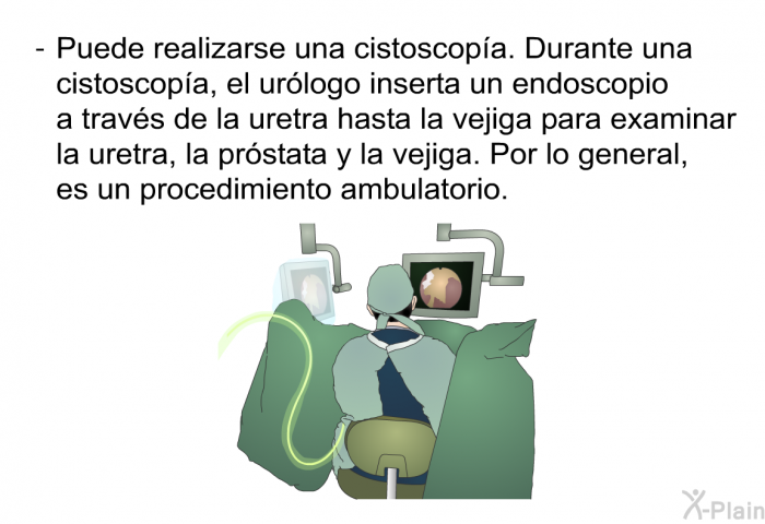 Puede realizarse una cistoscopa. Durante una cistoscopa, el urlogo inserta un endoscopio a travs de la uretra hasta la vejiga para examinar la uretra, la prstata y la vejiga. Por lo general, es un procedimiento ambulatorio.