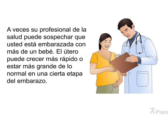 A veces su profesional de la salud puede sospechar que usted est� embarazada con m�s de un beb�. El �tero puede crecer m�s r�pido o estar m�s grande de lo normal en una cierta etapa del embarazo.
