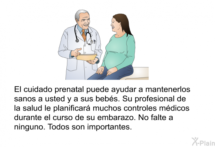 El cuidado prenatal puede ayudar a mantenerlos sanos a usted y a sus bebs. Su profesional de la salud le planificar muchos controles mdicos durante el curso de su embarazo. No falte a ninguno. Todos son importantes.