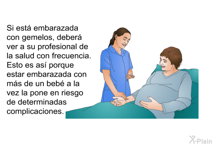 Si est embarazada con gemelos, deber ver a su profesional de la salud con frecuencia. Esto es as porque estar embarazada con ms de un beb a la vez la pone en riesgo de determinadas complicaciones.