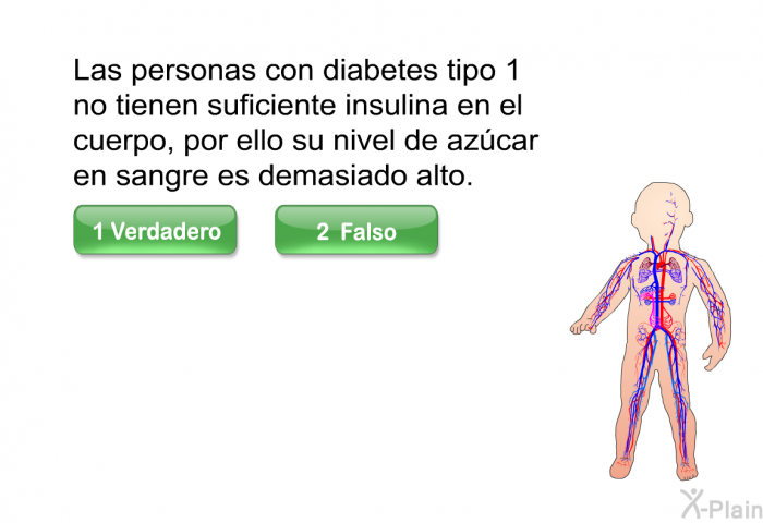 Las personas con diabetes tipo 1 no tienen suficiente insulina en el cuerpo, por ello su nivel de azcar en sangre es demasiado alto. Presione Verdadero o Falso.