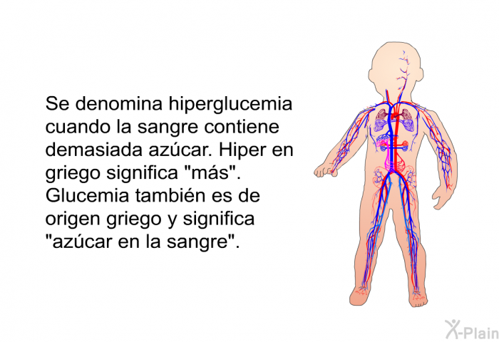 Se denomina hiperglucemia cuando la sangre contiene demasiada az�car. Hiper en griego significa &ldquo;m�s&rdquo;. Glucemia tambi�n es de origen griego y significa &ldquo;az�car en la sangre&rdquo;.