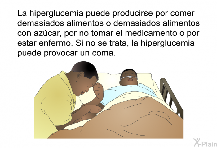 La hiperglucemia puede producirse por comer demasiados alimentos o demasiados alimentos con az�car, por no tomar el medicamento o por estar enfermo. Si no se trata, la hiperglucemia puede provocar un coma.