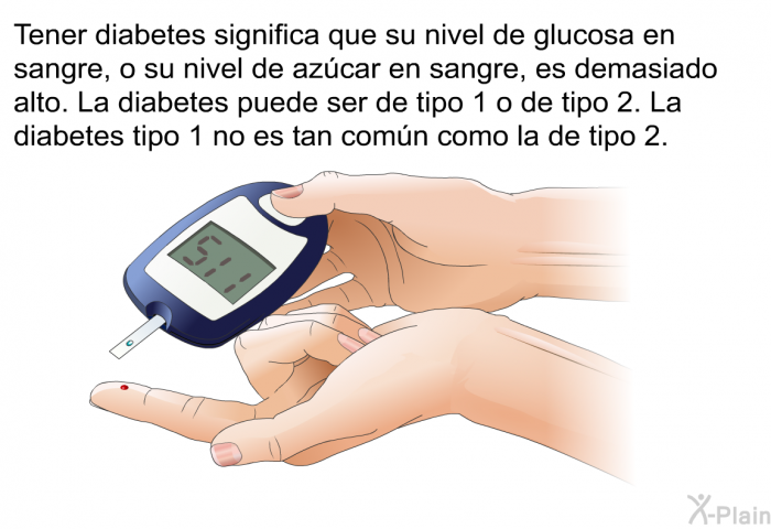 Tener diabetes significa que su nivel de glucosa en sangre, o su nivel de azcar en sangre, es demasiado alto. La diabetes puede ser de tipo 1 o de tipo 2. La diabetes tipo 1 no es tan comn como la de tipo 2.