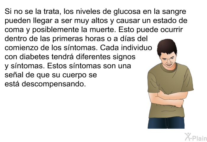 Si no se la trata, los niveles de glucosa en la sangre pueden llegar a ser muy altos y causar un estado de coma y posiblemente la muerte. Esto puede ocurrir dentro de las primeras horas o a das del comienzo de los sntomas. Cada individuo con diabetes tendr diferentes signos y sntomas. Estos sntomas son una seal de que su cuerpo se est descompensando.