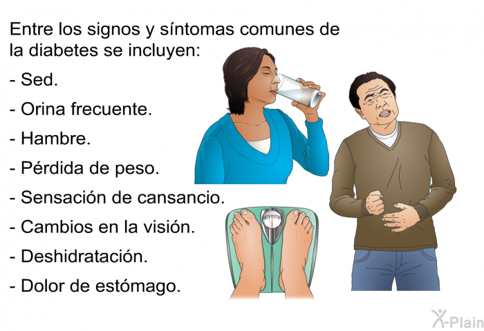 Entre los signos y sntomas comunes de la diabetes se incluyen:  Sed. Orina frecuente. Hambre. Prdida de peso. Sensacin de cansancio. Cambios en la visin. Deshidratacin. Dolor de estmago.