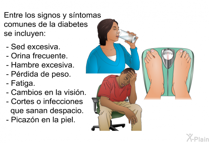 Entre los signos y sntomas comunes de la diabetes se incluyen:  Sed excesiva. Orina frecuente. Hambre excesiva. Prdida de peso. Fatiga. Cambios en la visin. Cortes o infecciones que sanan despacio. Picazn en la piel.