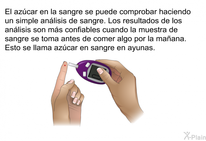 El azcar en la sangre se puede comprobar haciendo un simple anlisis de sangre. Los resultados de los anlisis son ms confiables cuando la muestra de sangre se toma antes de comer algo por la maana. Esto se llama azcar en sangre en ayunas.