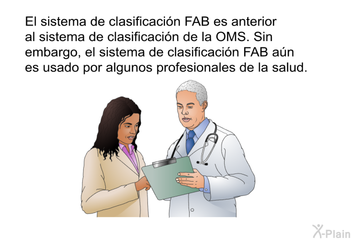 El sistema de clasificacin FAB es anterior al sistema de clasificacin de la OMS. Sin embargo, el sistema de clasificacin FAB an es usado por algunos profesionales de la salud.