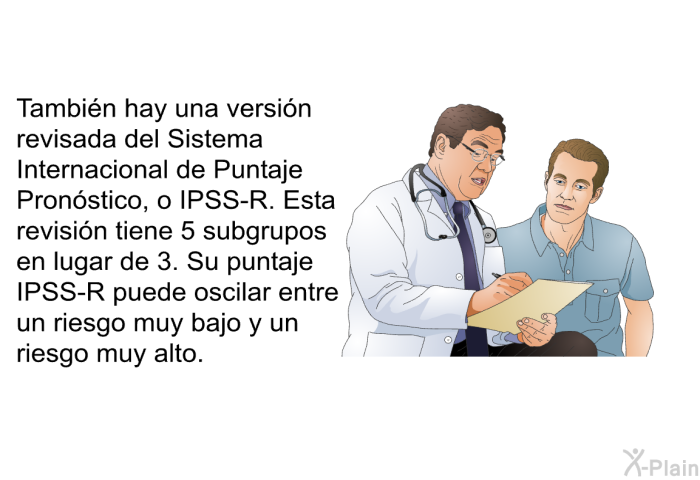 Tambin hay una versin revisada del Sistema Internacional de Puntaje Pronstico, o IPSS-R. Esta revisin tiene 5 subgrupos en lugar de 3. Su puntaje IPSS-R puede oscilar entre un riesgo muy bajo y un riesgo muy alto.