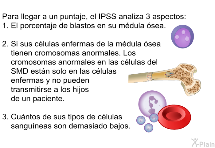 Para llegar a un puntaje, el IPSS analiza 3 aspectos:   El porcentaje de blastos en su mdula sea.  Si sus clulas enfermas de la mdula sea tienen cromosomas anormales. Los cromosomas anormales en las clulas del SMD estn solo en las clulas enfermas y no pueden transmitirse a los hijos de un paciente.  Cuntos de sus tipos de clulas sanguneas son demasiado bajos.