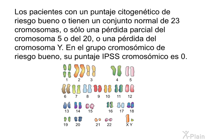 Los pacientes con un puntaje citogentico de riesgo bueno o tienen un conjunto normal de 23 cromosomas, o slo una prdida parcial del cromosoma 5 o del 20, o una prdida del cromosoma Y. En el grupo cromosmico de riesgo bueno, su puntaje IPSS cromosmico es 0.